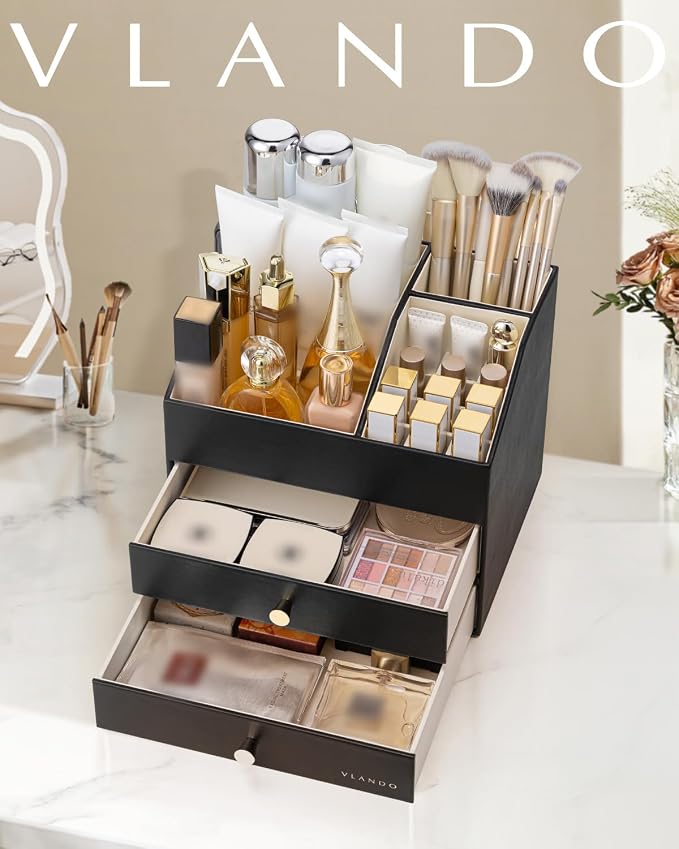 VLANDO Makeup Organizer for Vanity,Large Capacity Countertop Organizer with Drawers, PU Leather Cosmetic Display Case for Lipstick,Brushes,Skincare,Bedroom Storage (Black) - Image 2
