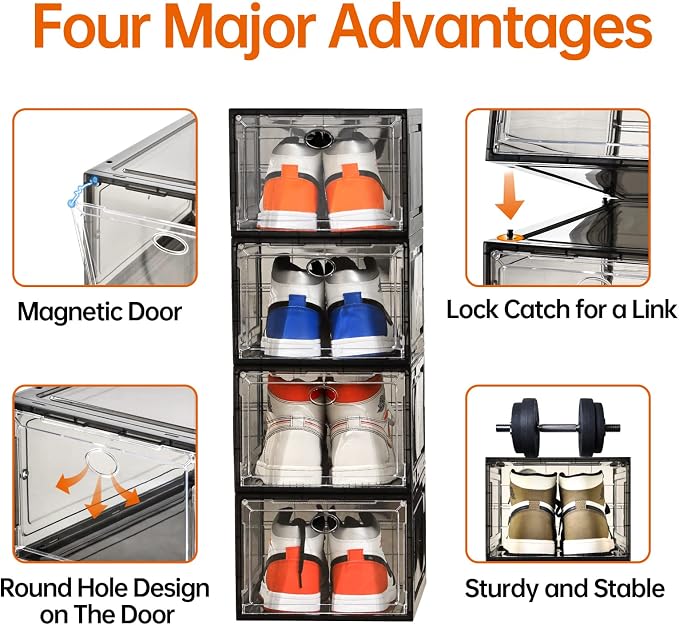 Amllas 12 Pack Shoe Boxes Stackable,Upgraded Sturdy Shoe Storage Boxes with Clear Magnetic Door,Multifunctional Sneaker Storage, Shoe Box Organizer Fit up to US Size 12 Gray(13.8”x 9.84”x 7.1”) - Image 4