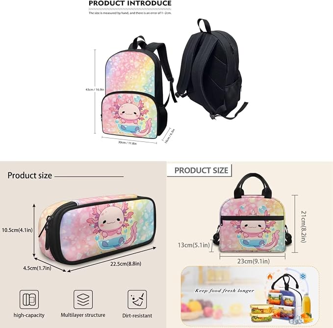 Rainbow Axolotl Backpacks for Kids, Girls Backpack School Bookbags with Insulated Lunch Box Pencil Case 3 in 1, Lightweight Sports Backpack - Image 5
