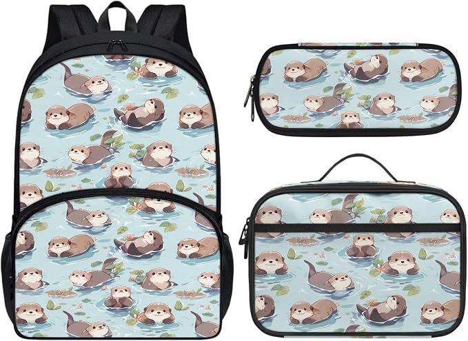 Cute Otter Backpack for Secondary Grade Students Backpacks Set for Girls Boys Kid's School Bag with Insulated Lunch Bag and Pencil Case 17 Inch Casual Daypack by Dremagia