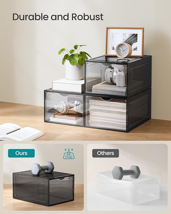 SONGMICS Shoe Boxes, Set of 6, Clear Plastic Shoe Storage, Stackable Sneaker Box, Drop Front Door, Up to US Size 11, Easy Assembly, 13 x 9.8 x 7.1 Inches, Transparent Black ULSP406B01V1 - Image 4