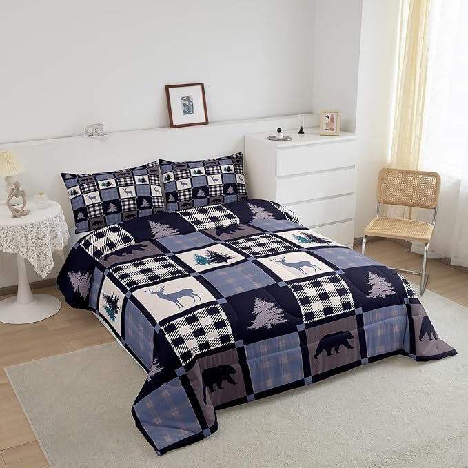 Hunting Animal Comforter Set for Youth,Rustic Bear Deer Patchwork Bedding Set Lodge Decor,Vintage Farmhouse Wildlife Down Comforter Twin,Geometric Grid Check Quilted Comforter with 1 Pillowcase - Image 3
