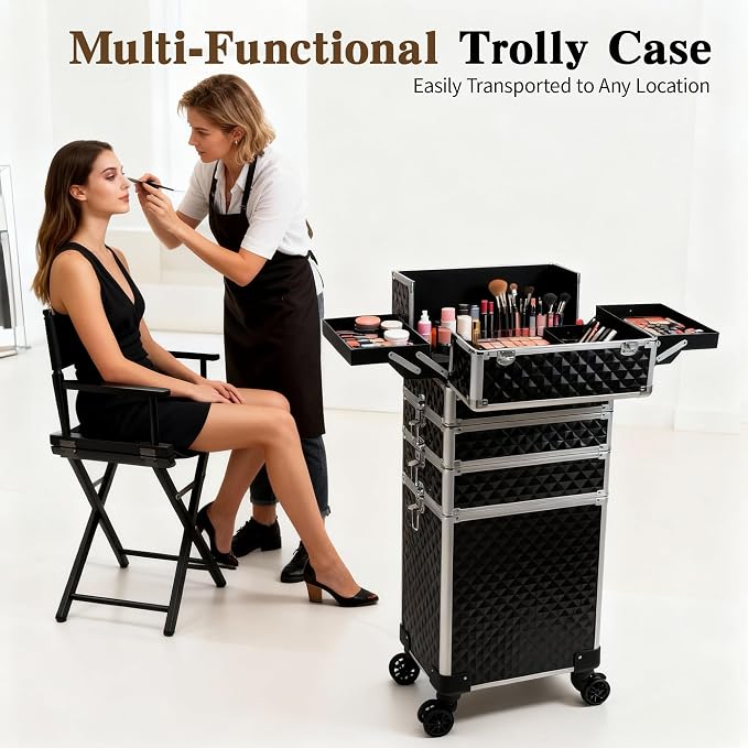 5 in 1 Rolling Makeup Train Case Professional Cosmetic Trolley Large Storage Organizer on Wheels for Hairstylist Artist Nail Beauty Salon Barber Black - Image 4