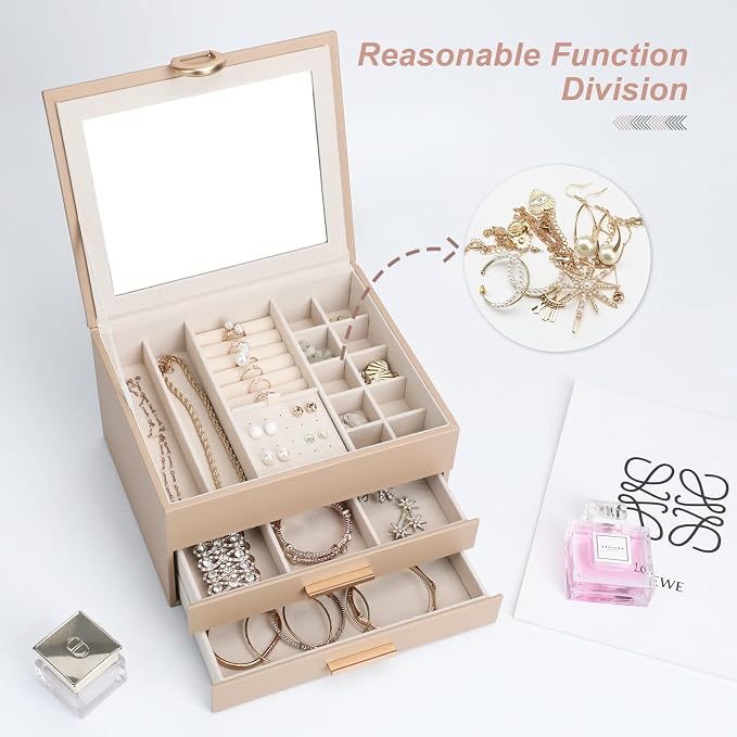 Leather Jewelry Box Premium 3-Layer Jewelry Case with Mirror - Scratch-Resistant Storage for Earrings, Rings, Necklaces, Ideal Gift for Women Apricot - Image 5