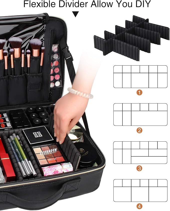 Relavel Makeup Case Large Makeup Bag Professional Train Case 16.5 inches Travel Cosmetic Organizer Brush Holder Waterproof Makeup Artist Storage Box, 3 Layer Large Capacity, with Adjustable Strap - Image 4