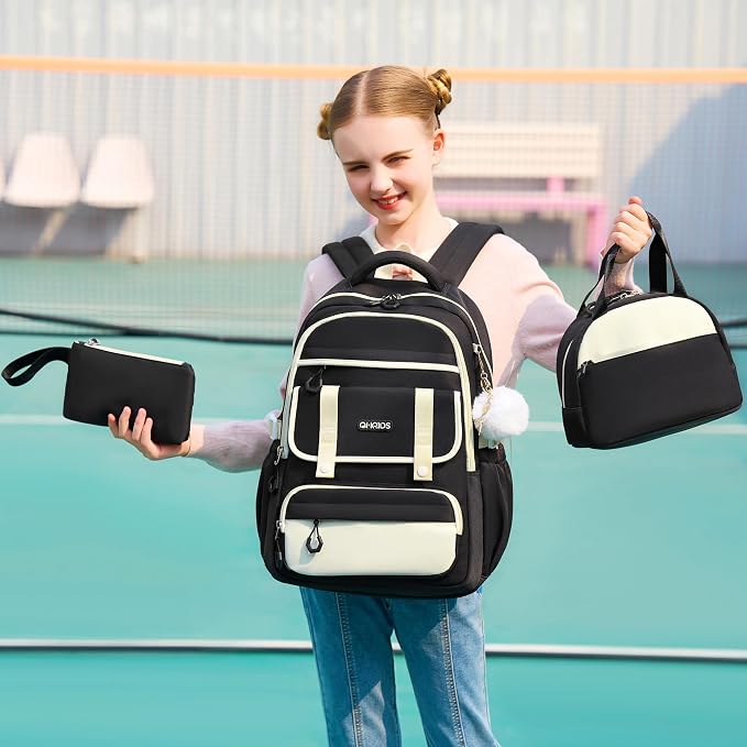 School Backpack for Girls, 3PCS Laptop Backpack 15.6 Inch with Lunch Box Pencil Pouch Set for Kids Teens Elementary Middle High School College Bookbag Student Casual Travel Daypack,Black Beige - Image 2