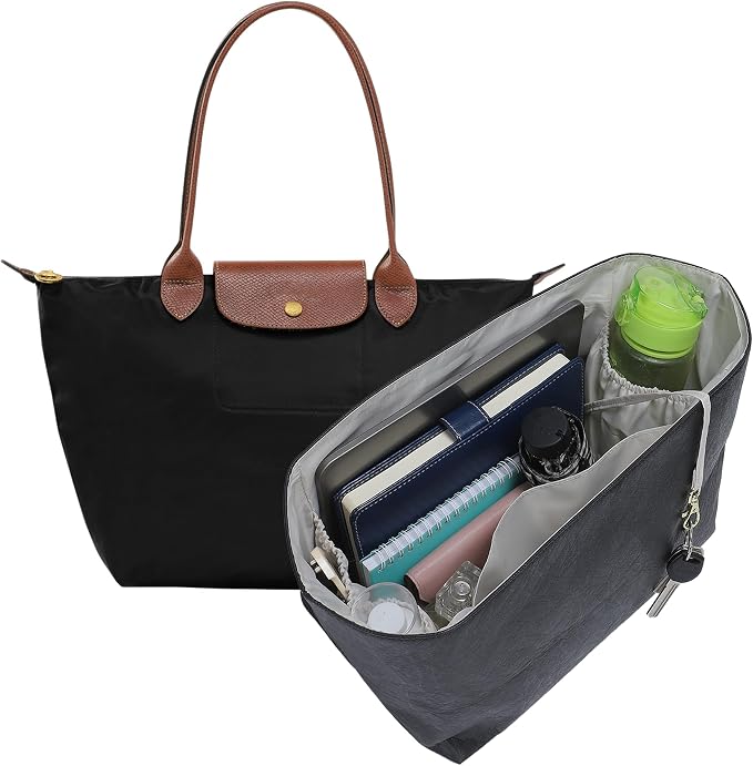 DOXO Purse Organizer Insert for Longchamp Le Pliage Medium, 6-Compartment Bag Organizer with YKK Zipper Pocket, Cup Holder, Key Chain, Waterproof DupontPaper Lightweight Handbag Shaper (Black Beige,M) by Doxo