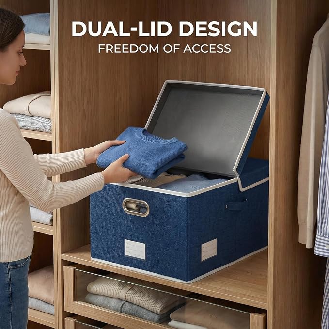 PRANDOM Storage Bins with Lids [3-Pack] Linen Fabric Foldable Storage Boxes Organizer Containers Baskets Cube with Cover for Bedroom Closet Office Royal Blue(23.4X15.9X11.4) - Image 4