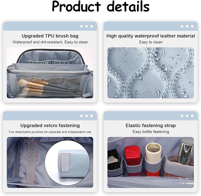 BOYATU Travel Makeup Bags for Women Cosmetic Bag: Puffy Make up Bags Set of 3 - Vegan Leather Makeup Organizer - Waterproof Large Toiletry Bag with Compartments - Travel Essentials (H-4-Blue) - Image 4