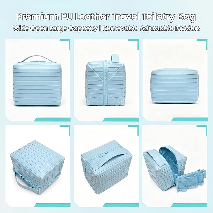 Fold Down Standing Makeup Bag – Large Travel Toiletry Organizer (Blue) | Parallel Design and Adjustable Dividers, Stands Upright or Folds Flat. Multiple Pockets Fit Full‑Size Cosmetics & Toiletries. - Image 6