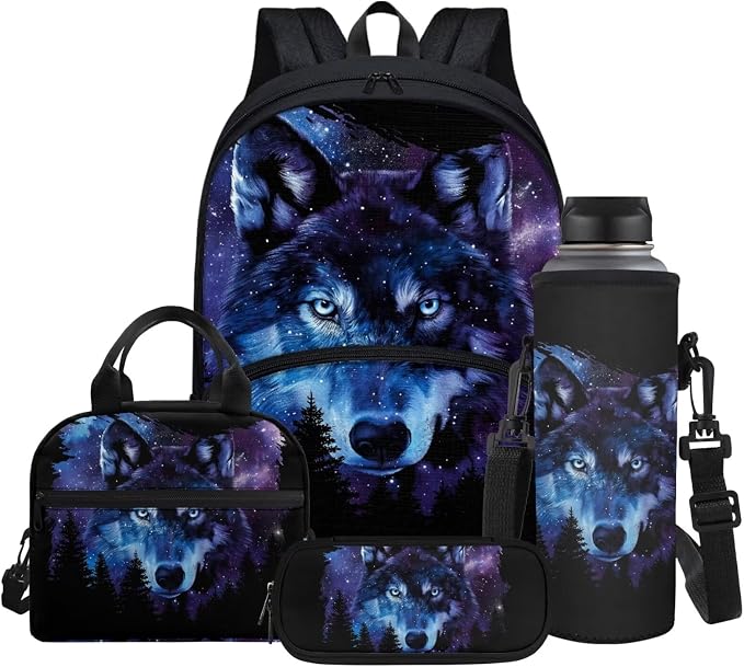 Blue Galaxy Wolf Backpack for Boys School Bag Large Capacity Bookbag with Thermal Lunch Box & Water Bottle Cover & Zipper Pencil Case for Camping Hiking Travel by Glomenade