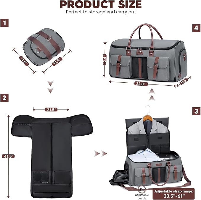Carry on Garment Bag,Vessgra 2 in 1 Duffle Bag for Travel 58L Garment Bags for Travel Scratch-Resistant Oxford Duffel Bag for Men with Inner Dry/Wet Compartment, Bussiness Weekender Trip,Grey - Image 4