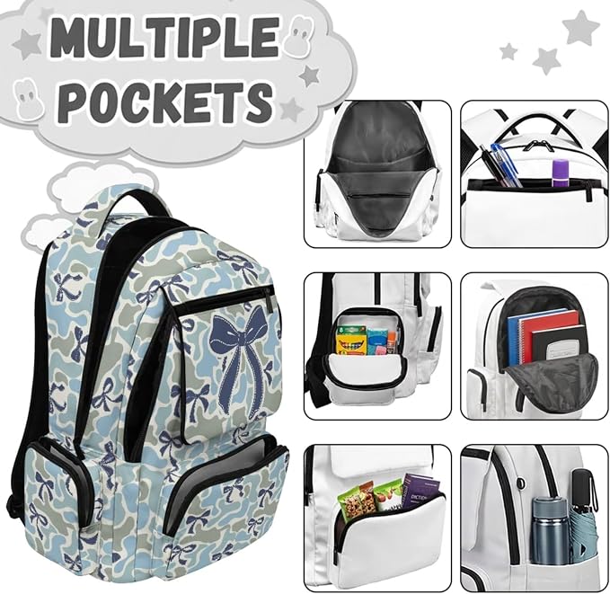 Camo Bow 17 Inch School Backpack Set for Kids, 4 Piece Lightweight Backpack with Lunch Bag, Pencil Case and Water Bottle Holder, 600D School Bag for Students - Image 3