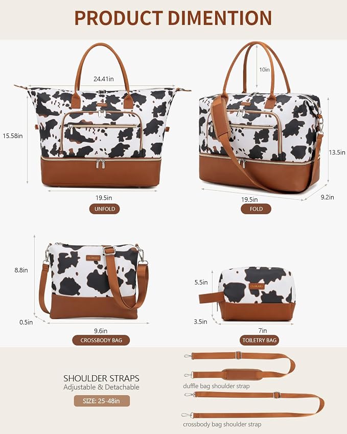 Weekender Bags for Women, Travel Duffle Bag Carry On Overnight Bag with Cosmetics Bag and Crossbody Purse for Gym Hospital, Gifts for Women, Cow Print Brown - Image 3