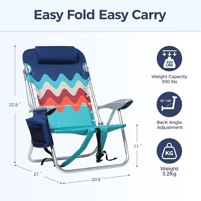 LET'S CAMP Backpack Beach Chair Set of 2, 4-Position Classic Lay Flat, Pillow and Padded Shoulder Straps, Storage Pouch and Towel Bar, Support 350LBS, Wave - Image 2
