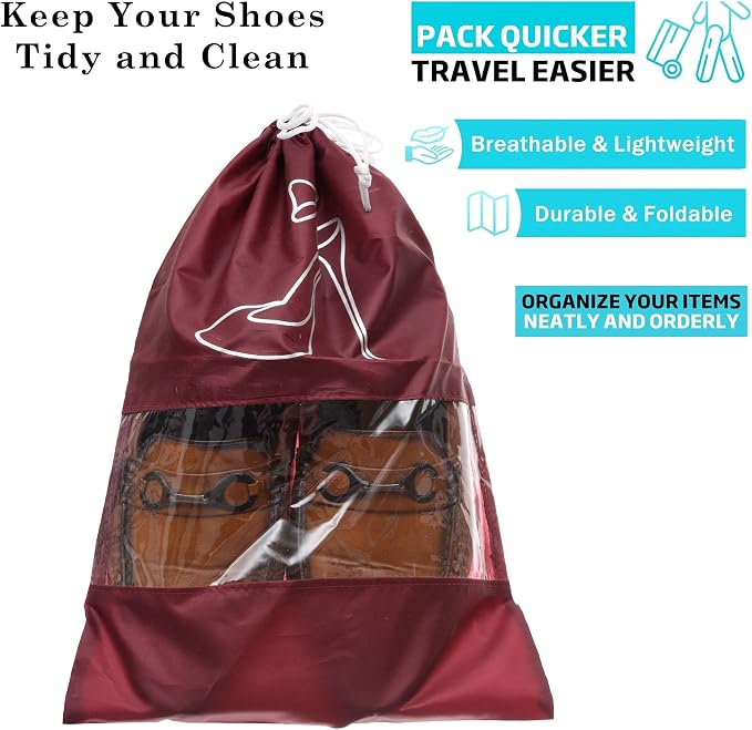 Kuber Industries Shoe Cover | Travel Shoe Storage Bags | Polyester Storage Bags | Drawstring Shoe Cover | Clear Transparent Shoe Storage Organizer | Pack of 12 | Maroon - Image 2