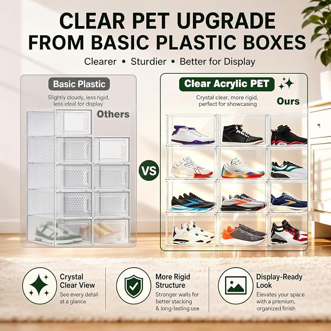6 Pack Clear Acrylic Shoe Storage Boxes Stackable,Size 14 Large Sneaker Storage Organizer Bins with Magnetic Door,Plastic Shoe Containers for Closet,Fits High Top Sneakers for Men Women up to Size 13 - Image 2