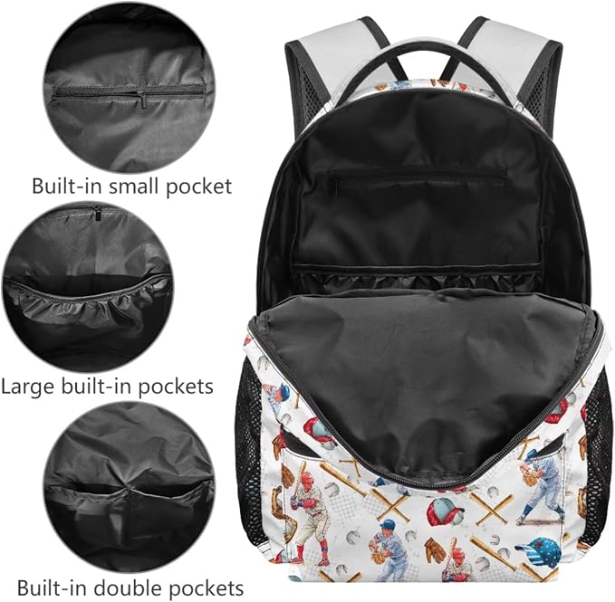 Vintage Baseball Player Backpack & Lunch Box 4-in-1 Set, School Bag with Pencil Case & Dinosaur Charm 17 Inch Backpack for School Sports Team Large Capacity Bookbag for Girls 6th 7th Grade - Image 3
