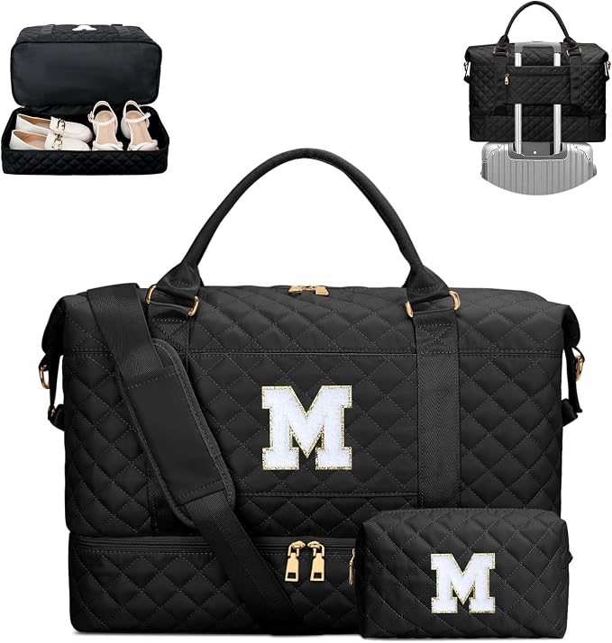 Gifts for Teens Girls Women Initial Travel Duffle Bag Quilted Weekender Carry-On Overnight with Cosmetic Bag, Gym Bag with Shoe Compartment, Black M by Unknown