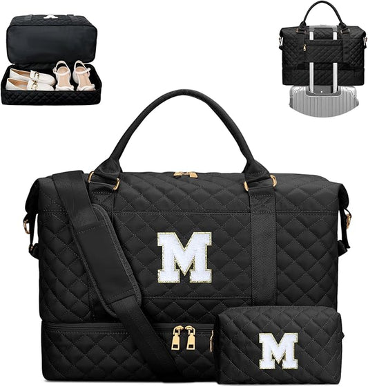 Gifts for Teens Girls Women Initial Travel Duffle Bag Quilted Weekender Carry-On Overnight with Cosmetic Bag, Gym Bag with Shoe Compartment, Black M by Unknown