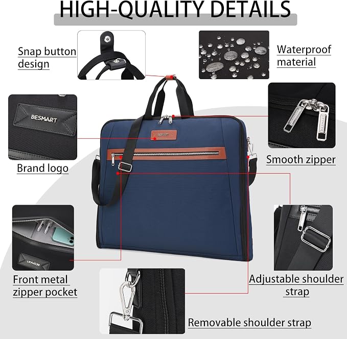 BESMART Garment Bags for Travel, 51" Large Suit Bag for Business Trips | Waterproof,Hangs 3 Suits,Foldable,Wrinkle Free Spacious Luggage Suit Cover,Adjustable Strap,Carry On Flight Approved,Blue - Image 7