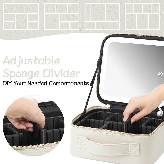 Extrei Gent Makeup Travel Train Case with Mirror LED Light 3 Adjustable Brightness Large Cosmetic Bag Portable Storage Adjustable Partition Waterproof Make up Brushes Makeup Jewelry Gift for Women - Image 4