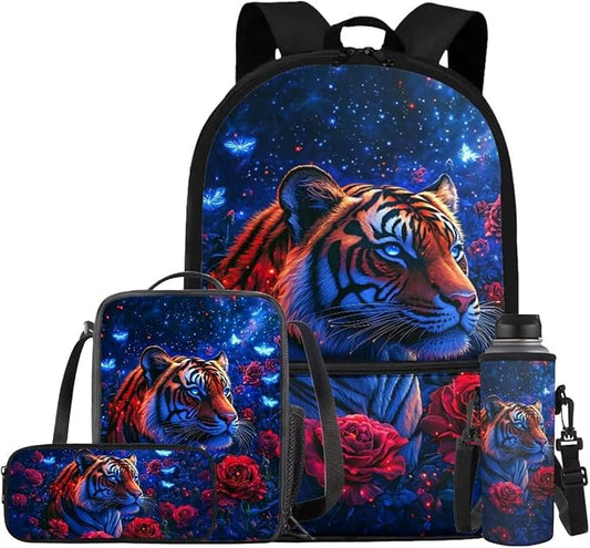 Aesthetic Tiger Backpack for Kids Girls Backpack with Lunch Box Water Bottle Carrier with Strap and Big Pencil Case 4PCS Set 17" Large Bookbag with Front Pocket Sturdy Elementary School Bag by ELEDIZI