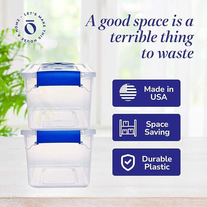HOMZ 5-Pack Latching Lid, Clear Plastic Storage Organizer Bins, 7.5 Quart, Blue Latch - Stackable Organizing Containers for Home, Garage, and Office - Image 5