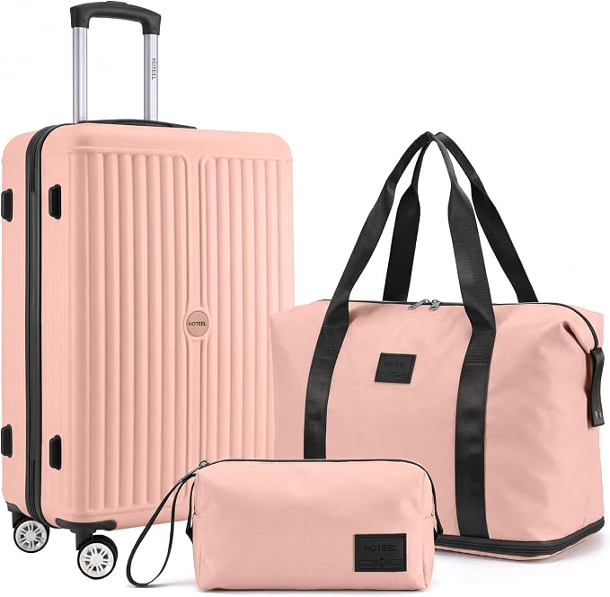 Hoteel 20Inch Luggage 3-piece Set, 360° Universal Suitcases with Wheels Hard Shell Suitcase with TSA Lock, Including Waterproof Luggage Bag, Travel Maletas for Men and Women,Pink by HOTEEL