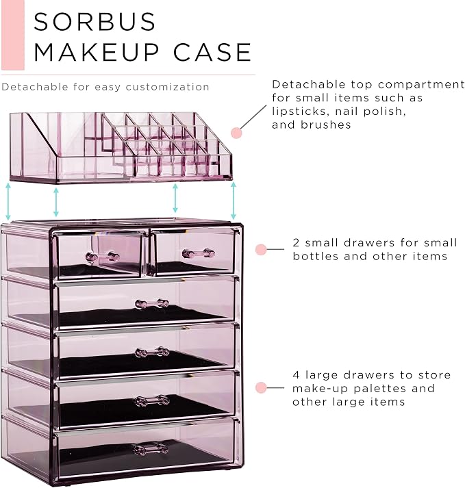 Sorbus Acrylic Makeup Organizer Set, 6-Drawer Vanity & Countertop Cosmetic Storage with Small & Wide Compartments, Purple Makeup Storage for Brushes, Jewelry – Holiday Gift for Women & Teens - Image 4