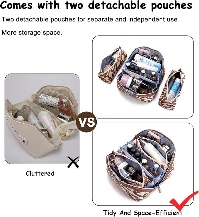 BOYATU Travel Makeup Bag for Women: Large Capacity 3-Piece Cosmetic & Toiletry Organizer - Expands Storage by 50% with 2 Detachable Pouches,Opens Flat for Easy Packing,Waterproof PU Leather(Brown) - Image 5