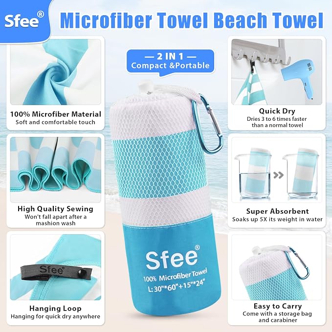 Sfee 2 in 1 Microfiber Beach Towel, Quick Dry Towel Camping Towel Travel Towel Super Absorbent Compact Lightweight Sports Gym Towels Set for Beach, Gym, Hiking, Pool, Backpacking, Bath, Yoga - Image 2