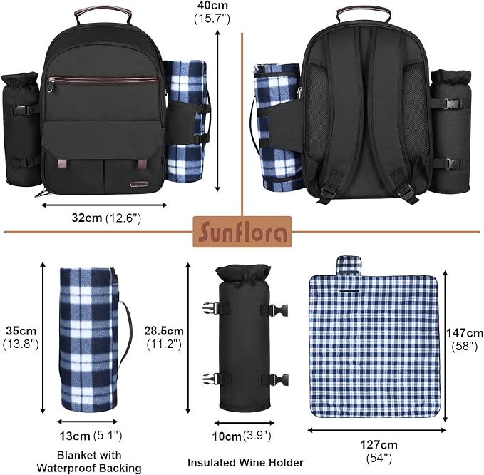 Sunflora Insulated Picnic Backpack for 2 Person Bag with Cooler Compartment, Wine Pouch, Blanket and Stainless Steel Cutlery Set for Couple, Lovers and Friends (Black) - Image 4