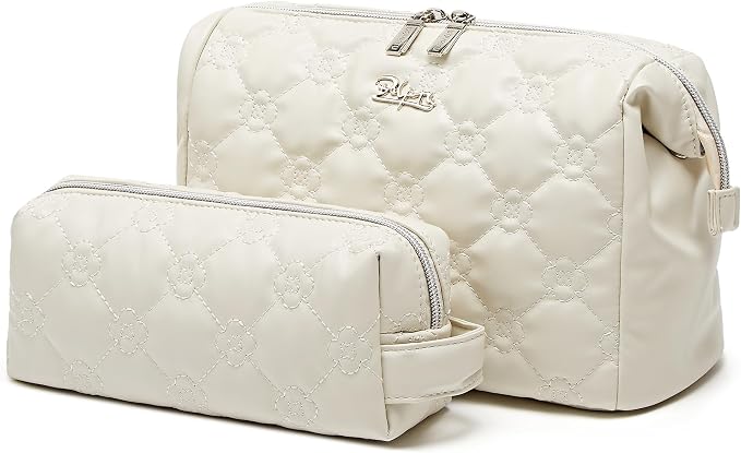 BOYATU Travel Makeup Bag Cosmetic Pouch: 2 Pcs Set Waterproof Vegan Leather Cosmetic Bags for Women - Cute Quilted Skincare Make up Toiletry Bag for Girl (05-White) - Image 2