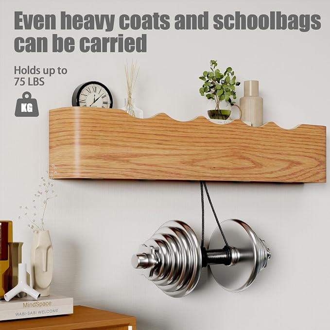 Coat Rack Wall Mount with Shelf 5 Hidden Hooks Modern Wooden Key Holder Entryway Organizer for Hallway Bedroom Bathroom Home Decor Storage for Hanging Coats Hats Bags Towels, Wave-Shape Oak - Image 4