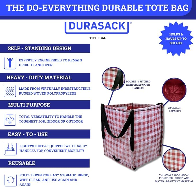 DURASACK Heavy Duty Storage Tote Bag 22-Gallon, Gingham Red | Rugged Woven Polypropylene Moving Bag, Reusable Self-Standing Design, Holds up to 500 Pounds - Image 3