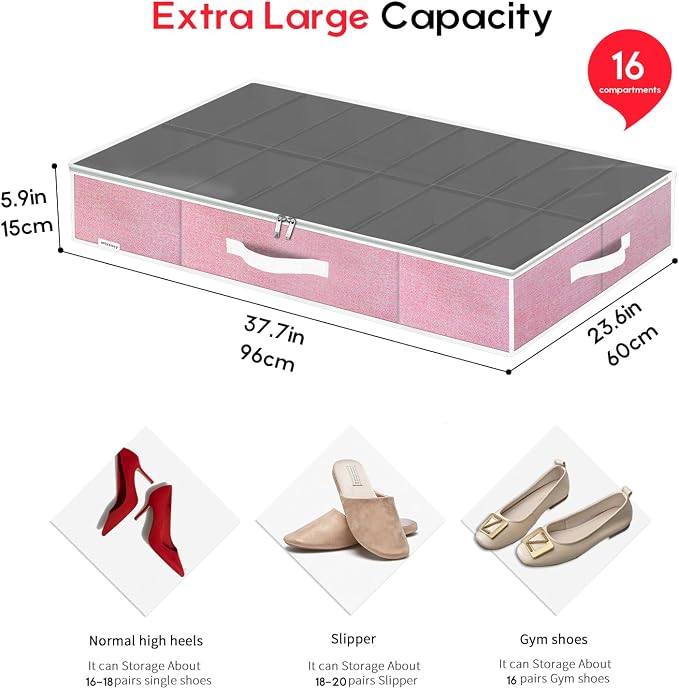 Onlyeasy Large Under Bed Shoe Organizer Container Box, Set of 2, Fit 16 to 32 Pairs of shoes, Underbed Shoes Closet Storage Solution, L37.7x W23.6x H5.9 inch, Cotton-like Pink, MXPUBS16P2 - Image 2
