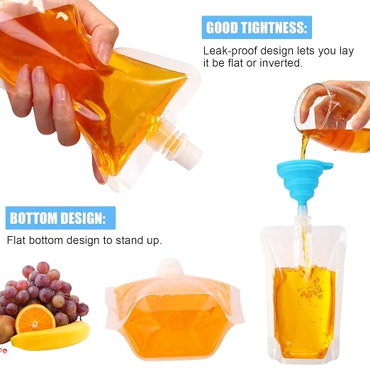 Patelai 150 Pieces Plastic Liquid Pouch Reusable Juice Pouches Travel Water Leak Proof Bags Bulk with Collapsible Silicone Funnel for Travel Outdoor (10 oz) - Image 2