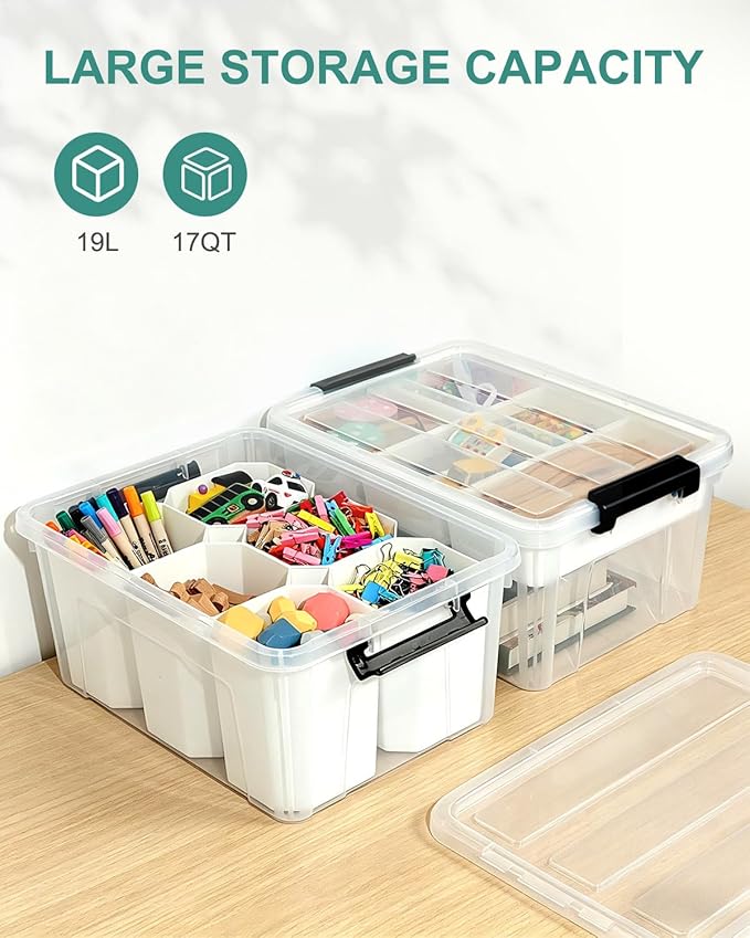 EOENVIVS 17 QT Clear Craft Storage Organizer Box with Removable Tray, Plastic Storage Bins with lids for Kids Art Supplies, Toys, Beads, Tools, Sewing & Classroom - Image 6