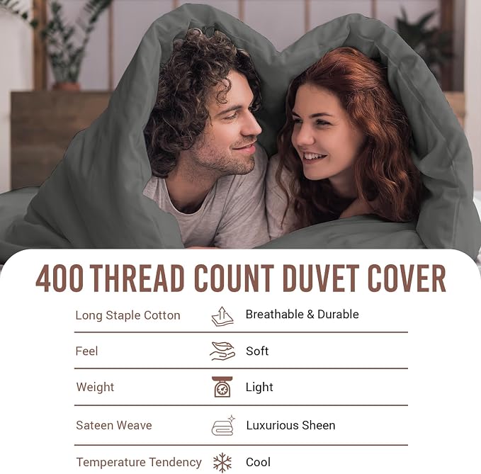 Pizuna Pure 100% Cotton Twin Duvet Cover Set, Luxurious 400 Thread Count Long Staple Cotton Sateen Weave with Button Closure (Combed Dark Grey Cotton Duvet Cover Twin) - Image 4