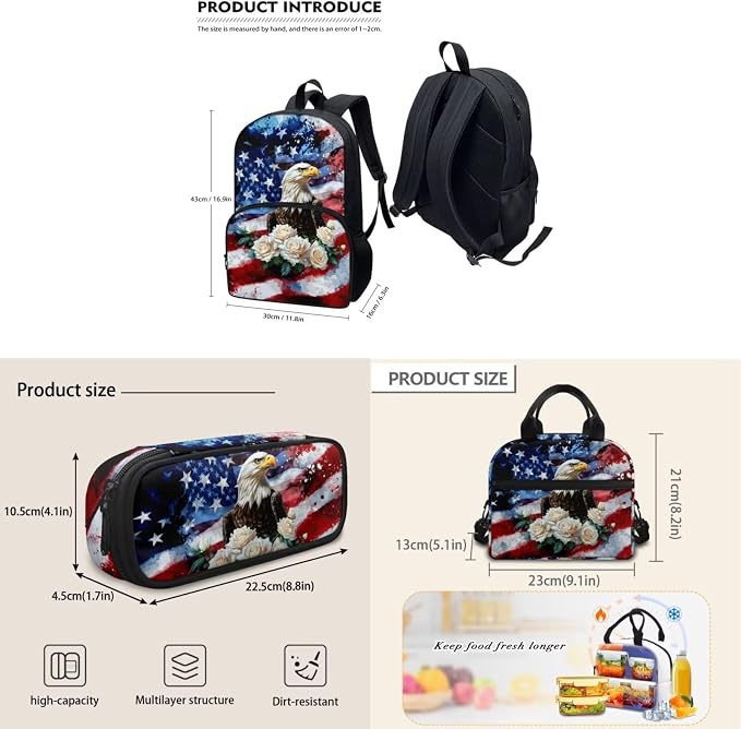American Flag Eagle Flower School Bookbag with Lunch Bag Pencil Case 3 PCS Set Lightweight Preschool Elementary Backpack Shoulder Bag Organizer Daypack Rucksack for Teen - Image 5