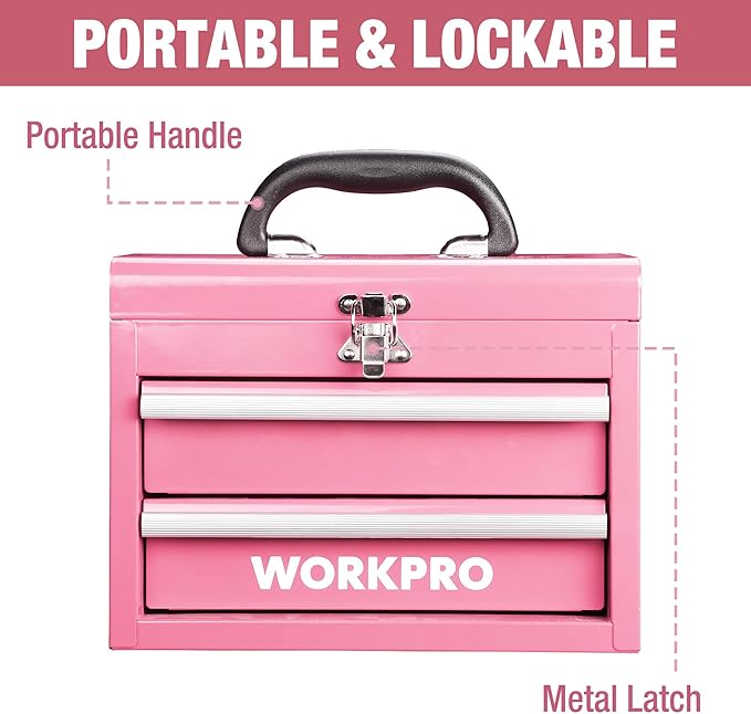 WORKPRO Portable Mini Metal Tool Box with 2 Drawers | Metal Tool Chest, Ball Bearing Slides, Top Storage, Latch Handle, PVC Drawer Liners, PP Feet Pads - Image 3