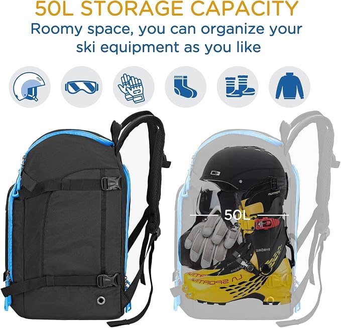 WOLT Ski Boot Bag Backpack - 50L Snowboard Boot Bag for Air Travel for Snow Boots, Ski Helmet, Gloves, Goggles, Skiing Gear - Image 2