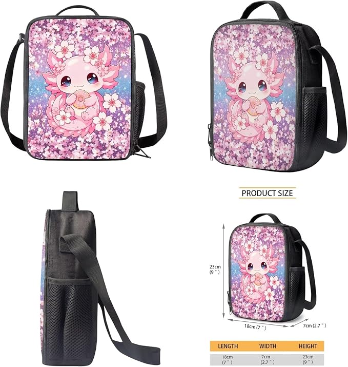 Donut Axolotl Kids 4-in-1 School Backpack Set, Cherry Blossom 17'' Bookbag with Insulated Lunch Box, Pencil Case & Water Bottle Holder, Cute Cartoon Schoolbag for Girls, Gift for Age 6-12 - Image 5