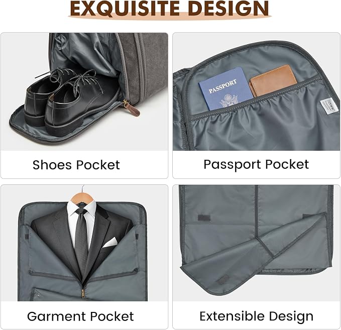 S-ZONE Garment Bags for Travel Canvas Duffle Bags for Men Hanging Suitcase | Individual Toiletry Bag, Multi-Pockets, Carry-on Size, Trolley Sleeve, for Gym or Business - Image 6