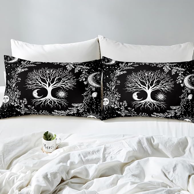 Erosebridal Tree of Life Bedding Set Sun and Moon Comforter Cover Queen Kids Teens Bedroom Decor Black and White 3 Pcs Duvet Cover Gothic Bohemian Flower Bedding Galaxy Stars Constellations Bedspread - Image 7