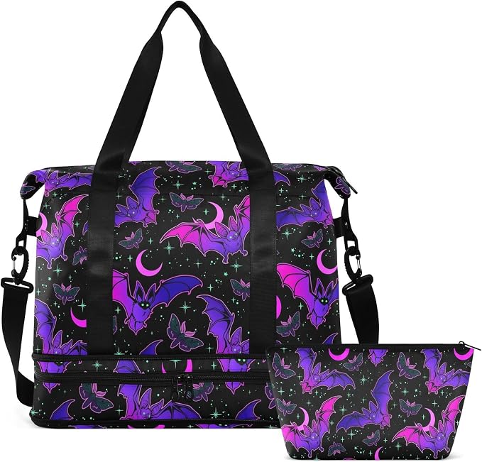Travel Duffel Tote Bag Purple Bat Gothic Sports Duffel Bag with Wet Pocket Weekender Overnight Bag for Women Men Gym Bag, Carry On Bag Hospital Bag for Labor and Delivery by MNSRUU