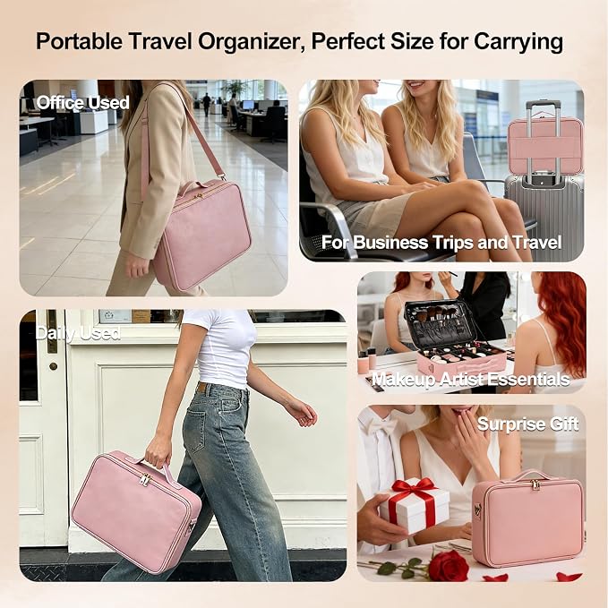 Large Travel Makeup Case, Professional Makeup Train Case Organizer for Women, Cosmetic Brush Bag Holder Waterproof Makeup Artist Storage Box with Adjustable Dividers and Shoulder Strap, Leather Pink - Image 6