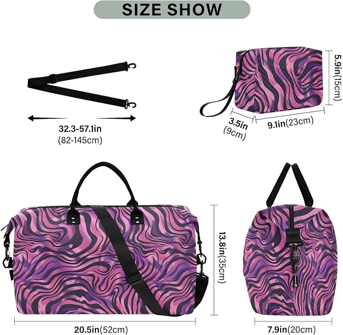 Weekender Bags Travel Duffel Gym Bag Zebra Print Purple Carry on Overnight Tote Bag with Toiletry Bag for Airplane Travel Trip Gym Yoga - Image 3