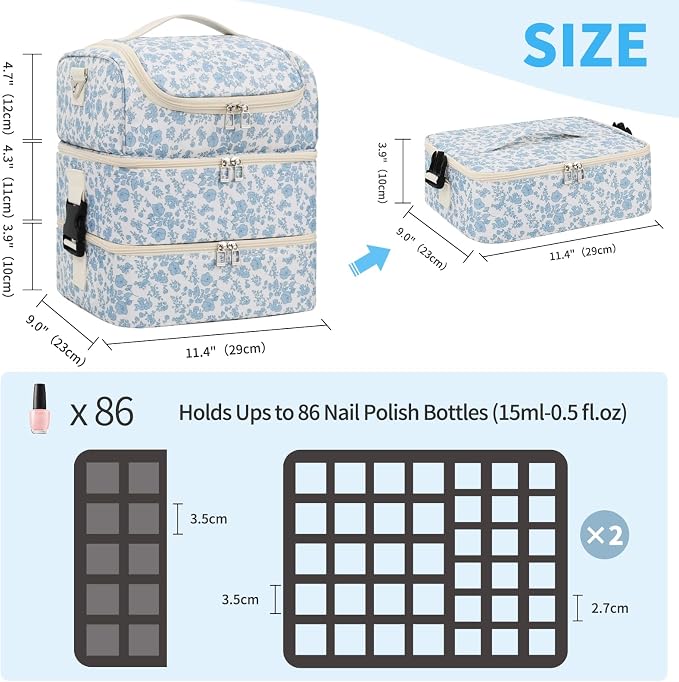Extra Large Nail Polish Organizer - Three Layer Nail Organizers And Storage Bag, Portable Nail Supplies Organizer Case, Nail Tech Kit Travel Carrying Box with Shoulder Strap (Floral Blue, 86 Slots) - Image 7